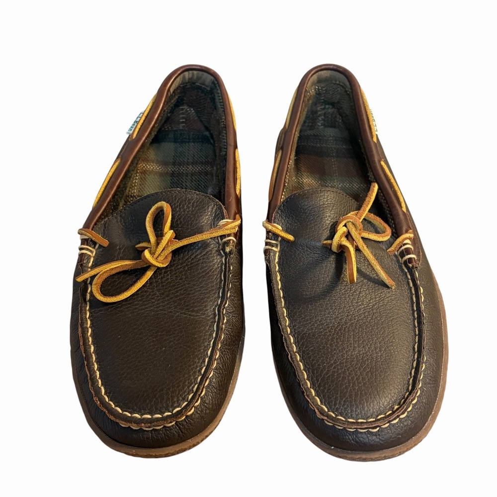 LL Bean Handsewn Leather Moccasin Slippers Brown Mens Size 10 Flannel Lined
